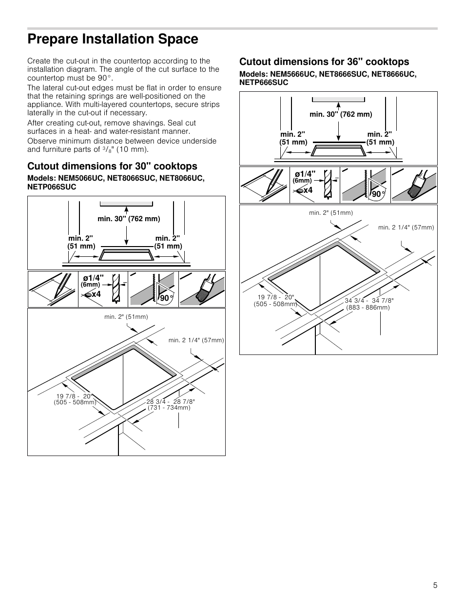 Prepare installation space, Cutout dimensions for 30" cooktops, Cutout dimensions for 36" cooktops | Bosch NETP666SUC User Manual | Page 5 / 24
