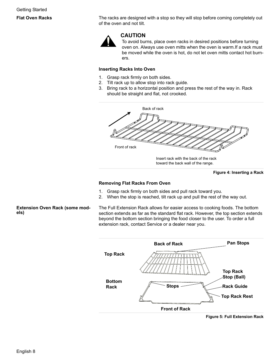 Flat oven racks, Grasp rack firmly on both sides, Tilt rack up to allow stop into rack guide | Figure 4: inserting a rack, Extension oven rack (some models), Figure 5: full extension rack | Bosch HGS7282UC User Manual | Page 10 / 48