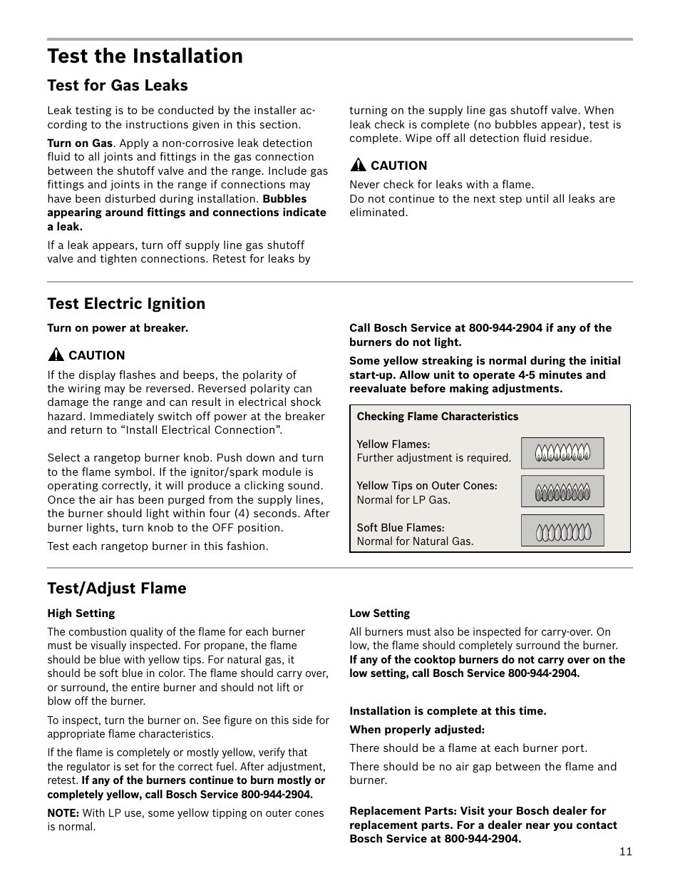 Test the installation, Test for gas leaks, Test electric ignition | Test/adjust flame | Bosch HDS7052U User Manual | Page 11 / 36