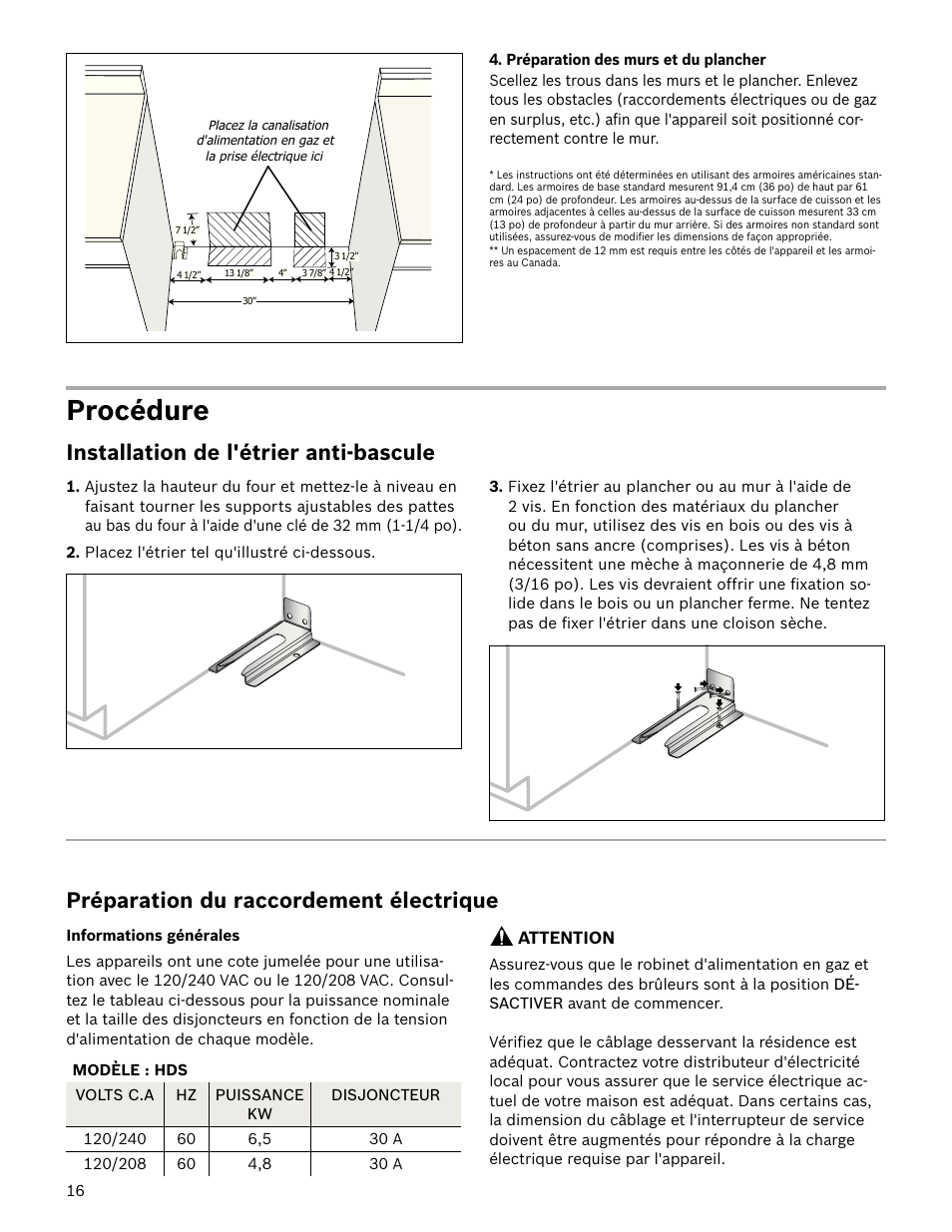 Procédure, Préparation du raccordement électrique, Installation de l'étrier anti-bascule | Attention | Bosch HDS7052U User Manual | Page 16 / 36