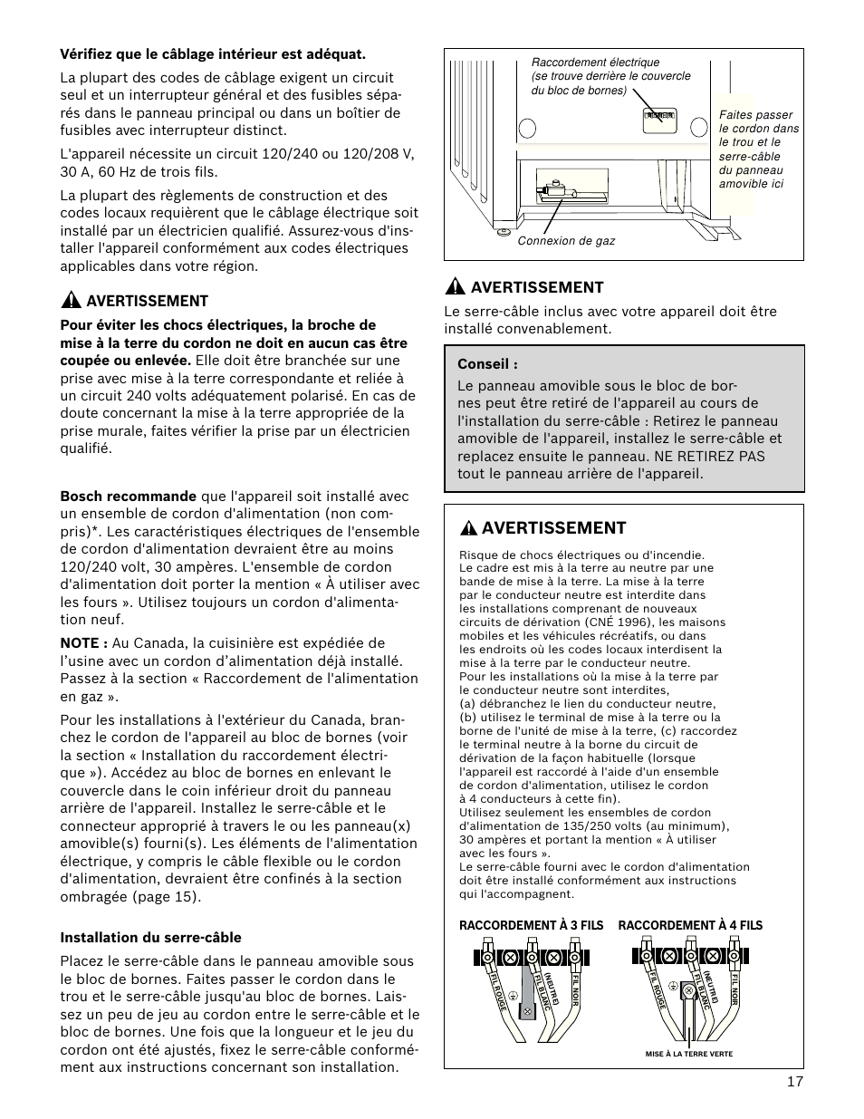 Avertissement, Raccordement à 3 fils, Raccordement à 4 fils | Bosch HDS7052U User Manual | Page 17 / 36