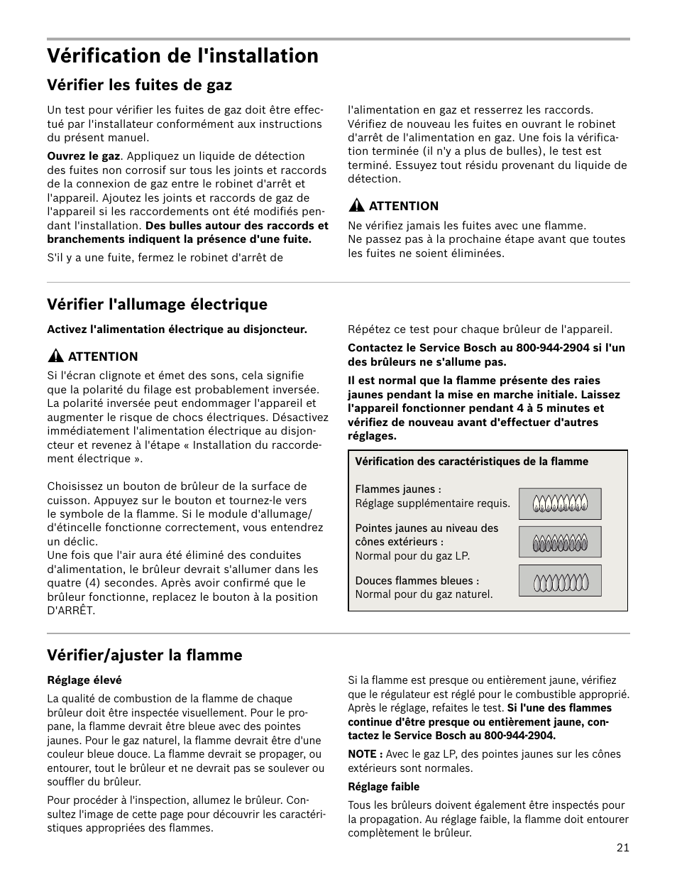 Vérification de l'installation, Vérifier les fuites de gaz, Vérifier l'allumage électrique | Vérifier/ajuster la flamme | Bosch HDS7052U User Manual | Page 21 / 36