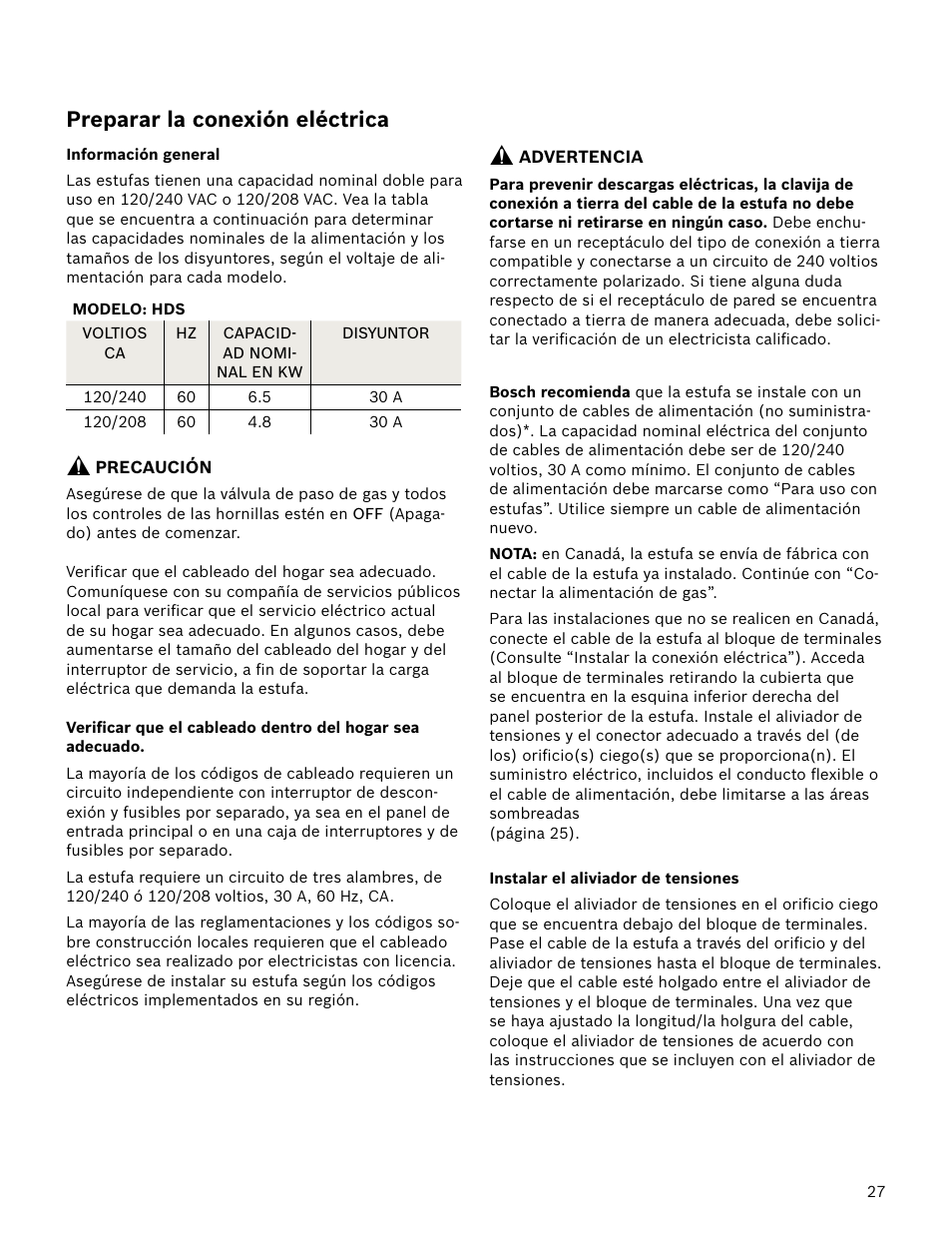 Preparar la conexión eléctrica | Bosch HDS7052U User Manual | Page 27 / 36