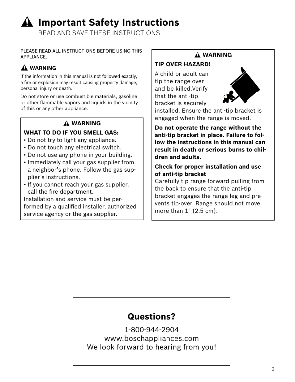 Important safety instructions, Questions | Bosch HDS7052U User Manual | Page 3 / 36