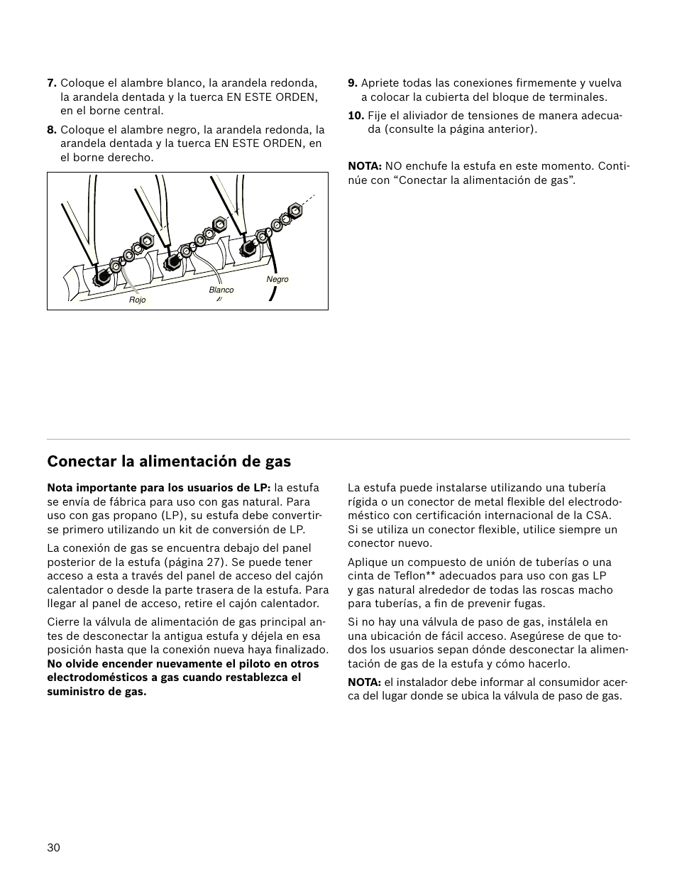 Conectar la alimentación de gas | Bosch HDS7052U User Manual | Page 30 / 36