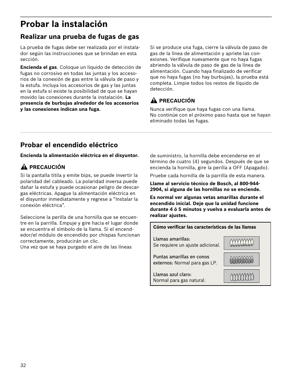 Probar la instalación, Realizar una prueba de fugas de gas, Probar el encendido eléctrico | Bosch HDS7052U User Manual | Page 32 / 36