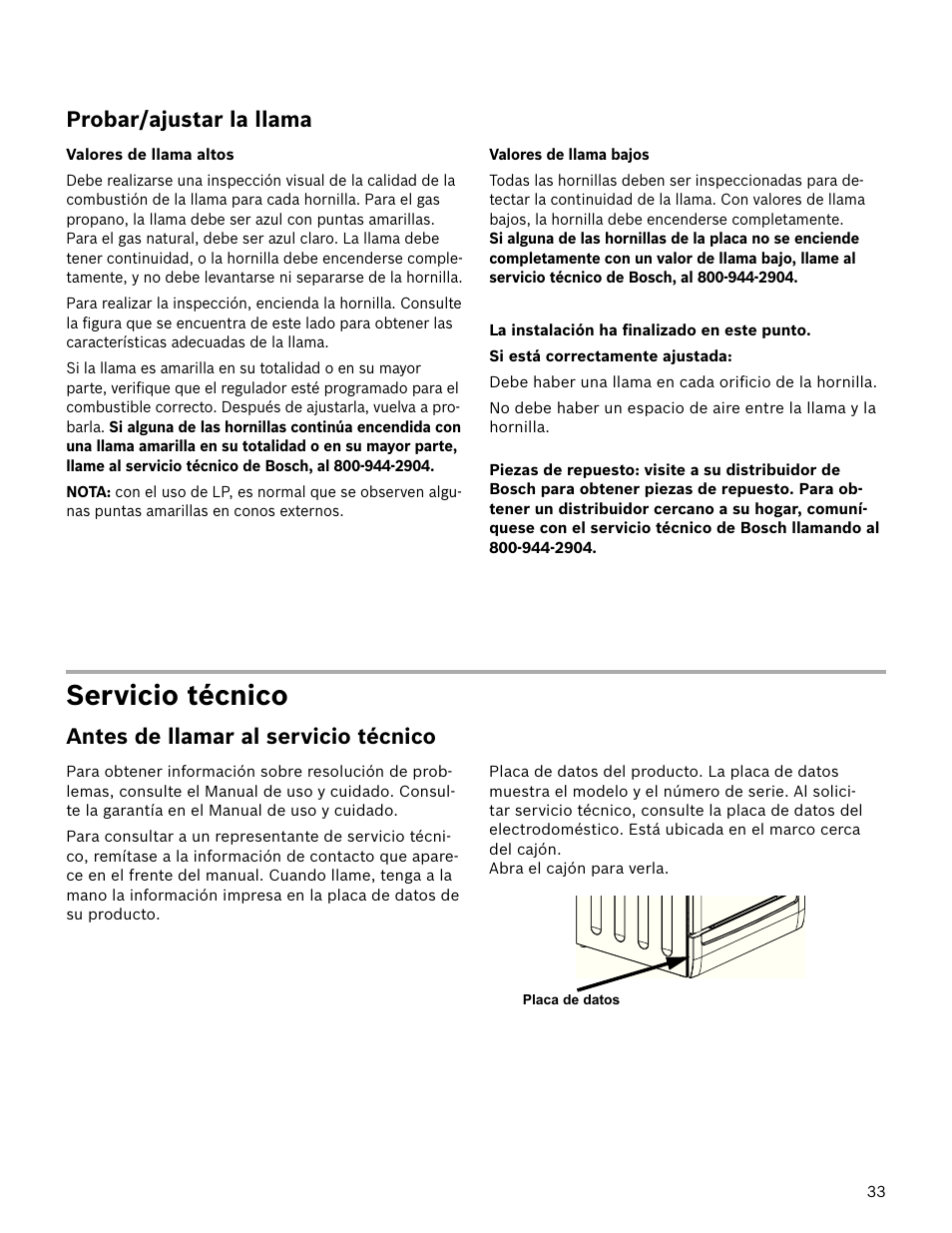 Servicio técnico, Probar/ajustar la llama, Antes de llamar al servicio técnico | Bosch HDS7052U User Manual | Page 33 / 36