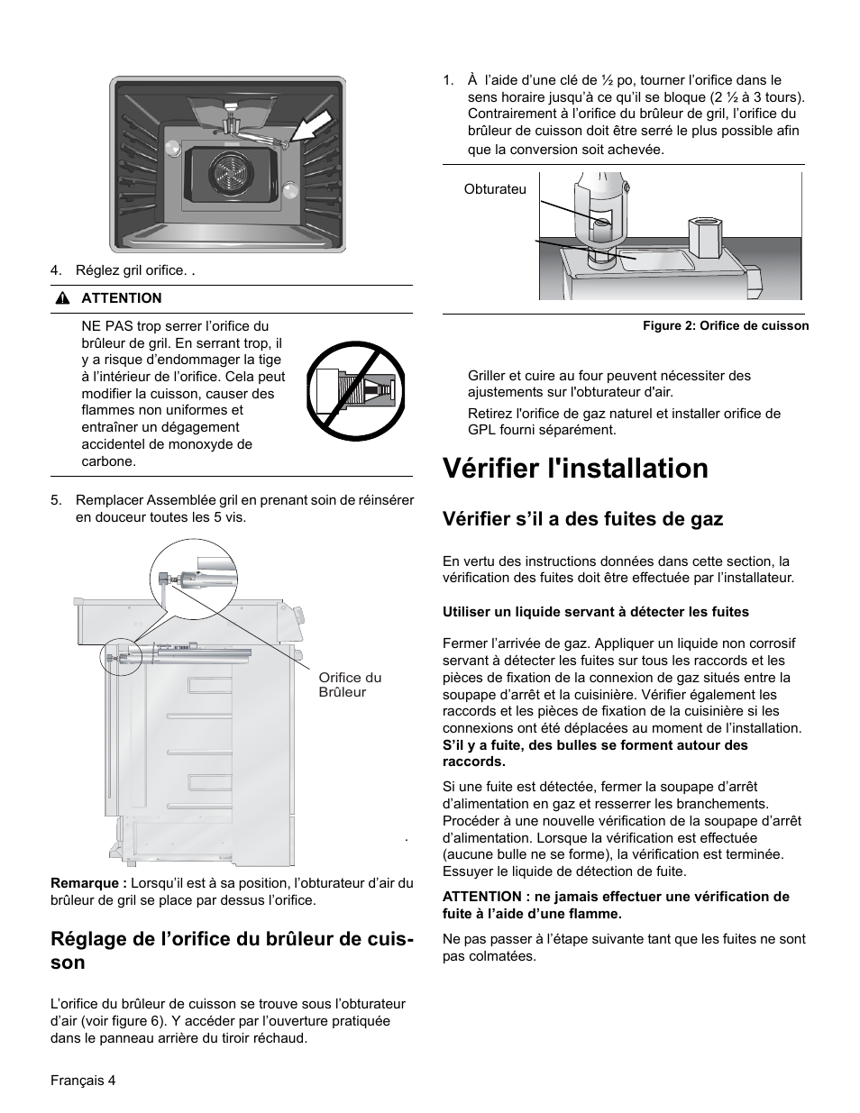 Vérifier l'installation, Réglage de l’orifice du brûleur de cuis- son, Vérifier s’il a des fuites de gaz | Bosch HGIP054UC User Manual | Page 14 / 28