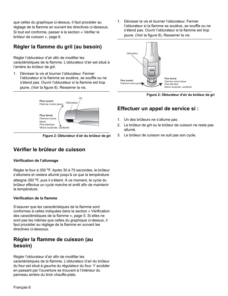 Régler la flamme du gril (au besoin), Vérifier le brûleur de cuisson, Régler la flamme de cuisson (au besoin) | Effectuer un appel de service si | Bosch HGIP054UC User Manual | Page 16 / 28