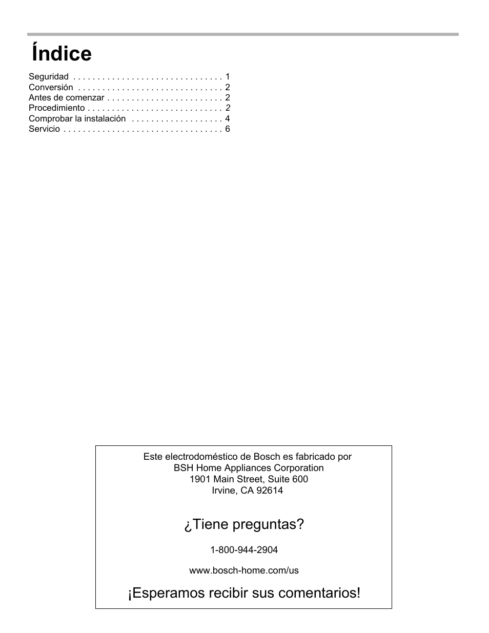 Índice, Tiene preguntas, Esperamos recibir sus comentarios | Bosch HGIP054UC User Manual | Page 18 / 28