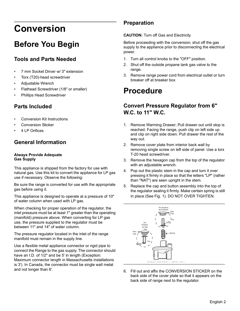 Conversion, Before you begin, Procedure | Tools and parts needed, Parts included, General information, Preparation, Convert pressure regulator from 6" w.c. to 11" w.c | Bosch HGIP054UC User Manual | Page 5 / 28