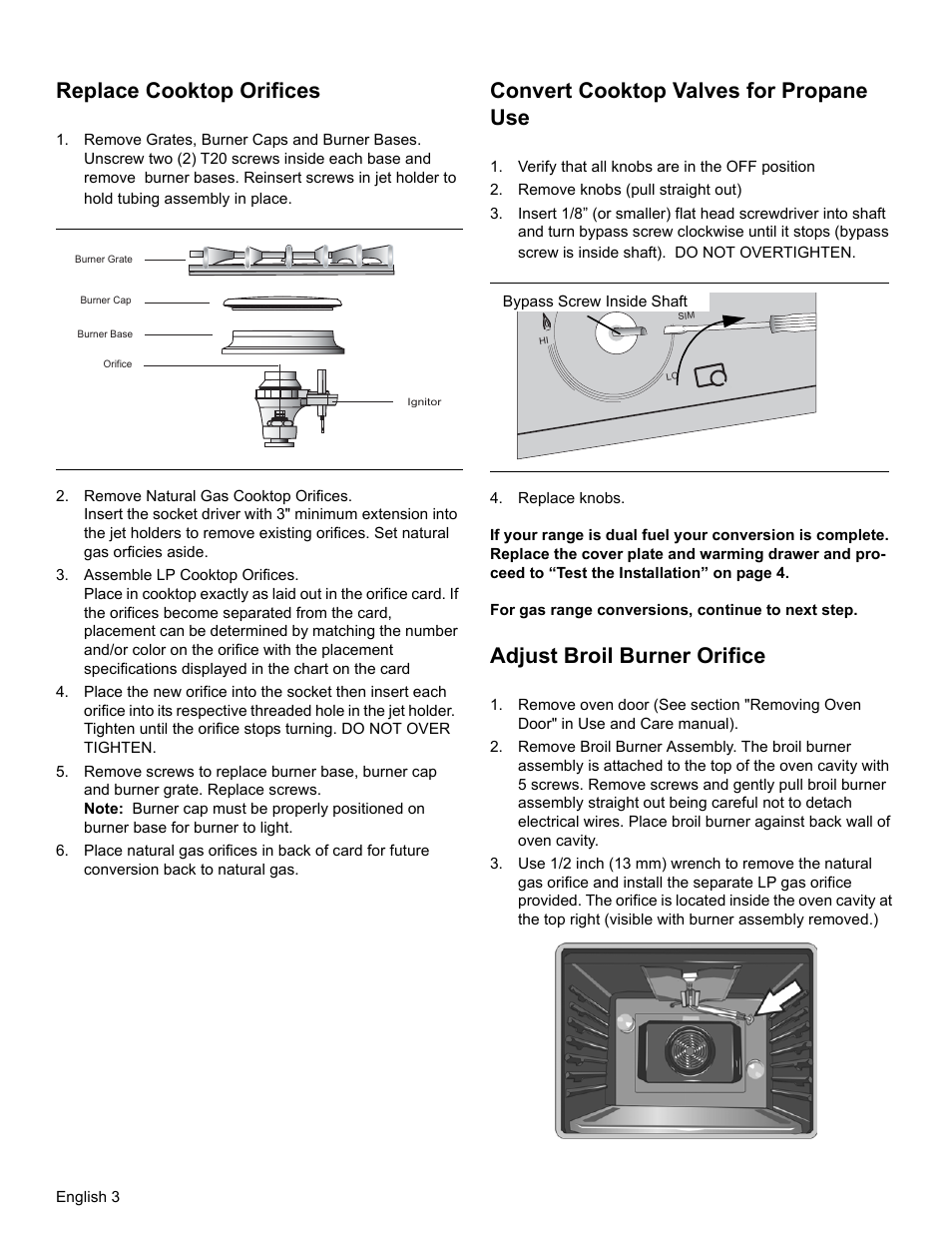Replace cooktop orifices, Convert cooktop valves for propane use, Adjust broil burner orifice | Bosch HGIP054UC User Manual | Page 6 / 28