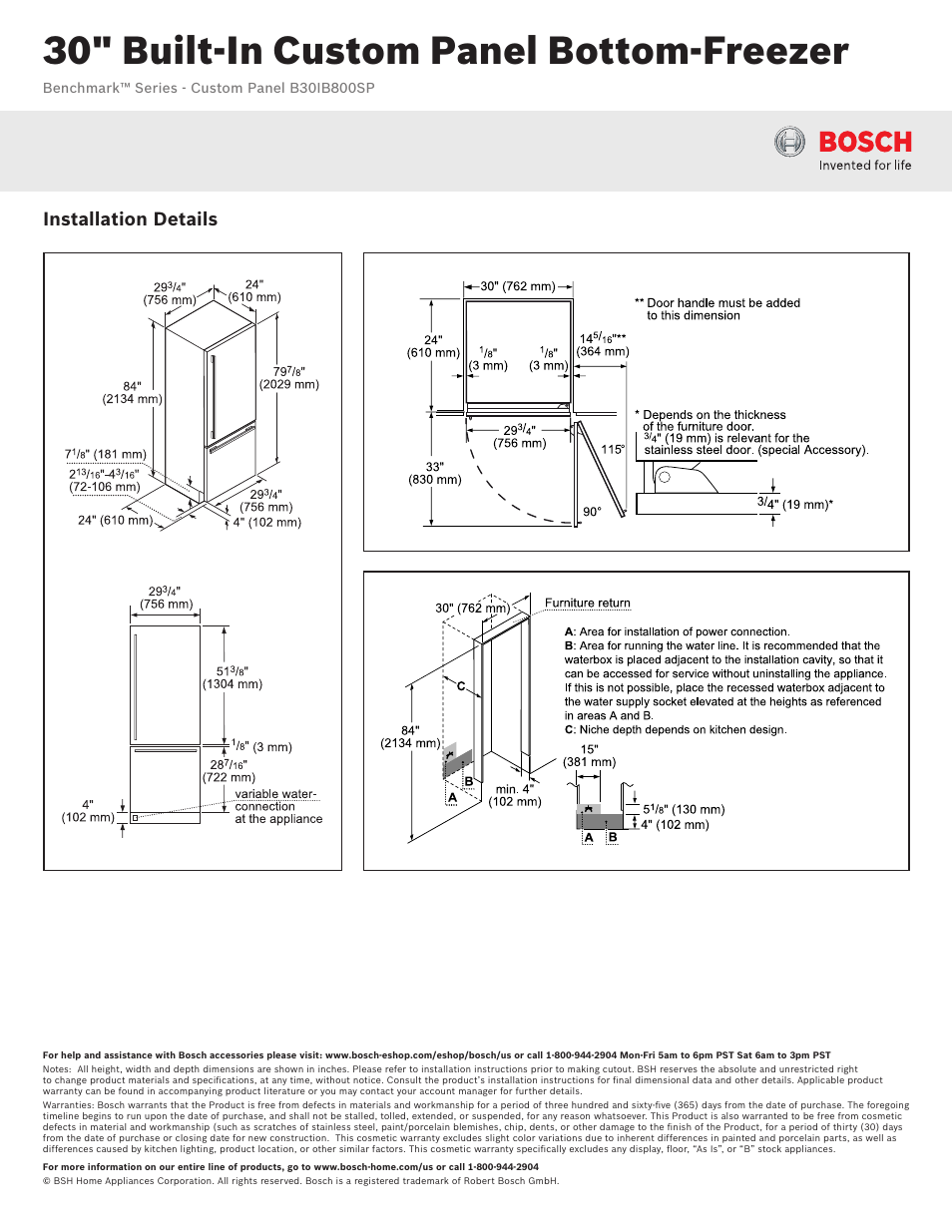 30" built-in custom panel bottom-freezer, Installation details | Bosch B30IB800SP User Manual | Page 2 / 2