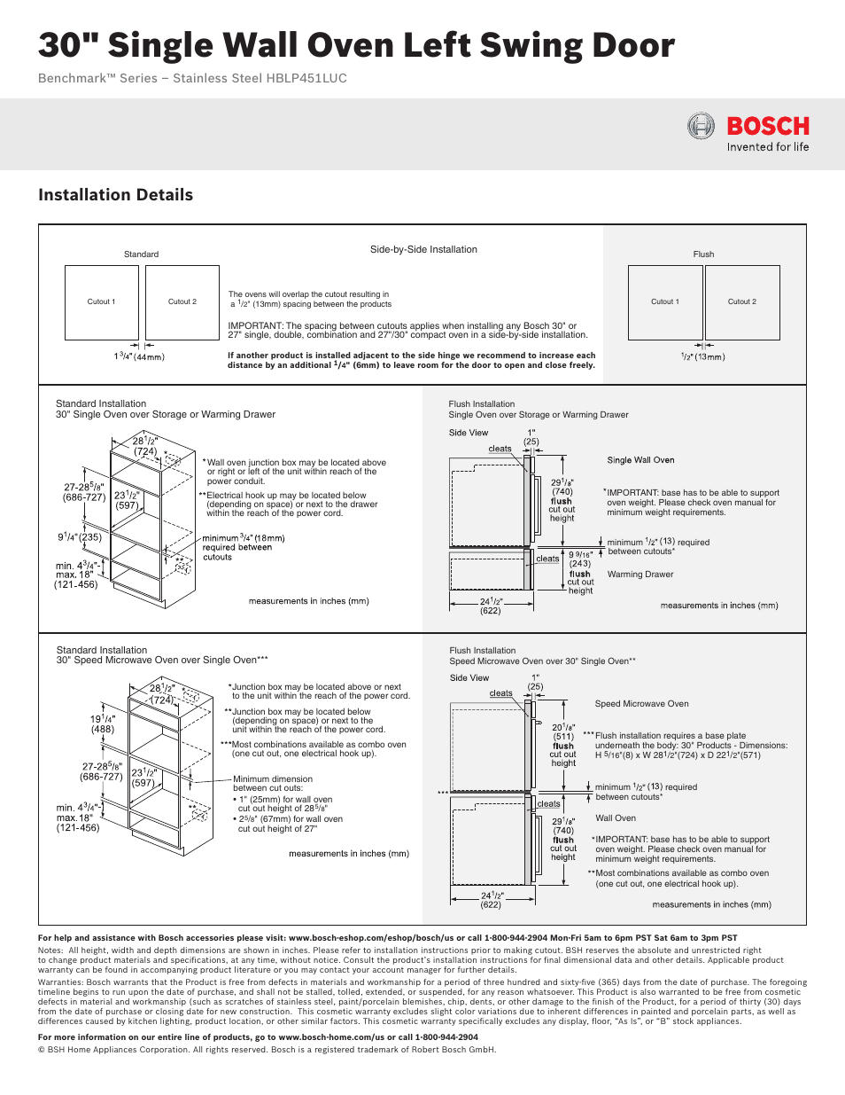 30" single wall oven left swing door, Installation details, Benchmark™ series – stainless steel hblp451luc | Bosch HBLP451LUC User Manual | Page 3 / 3