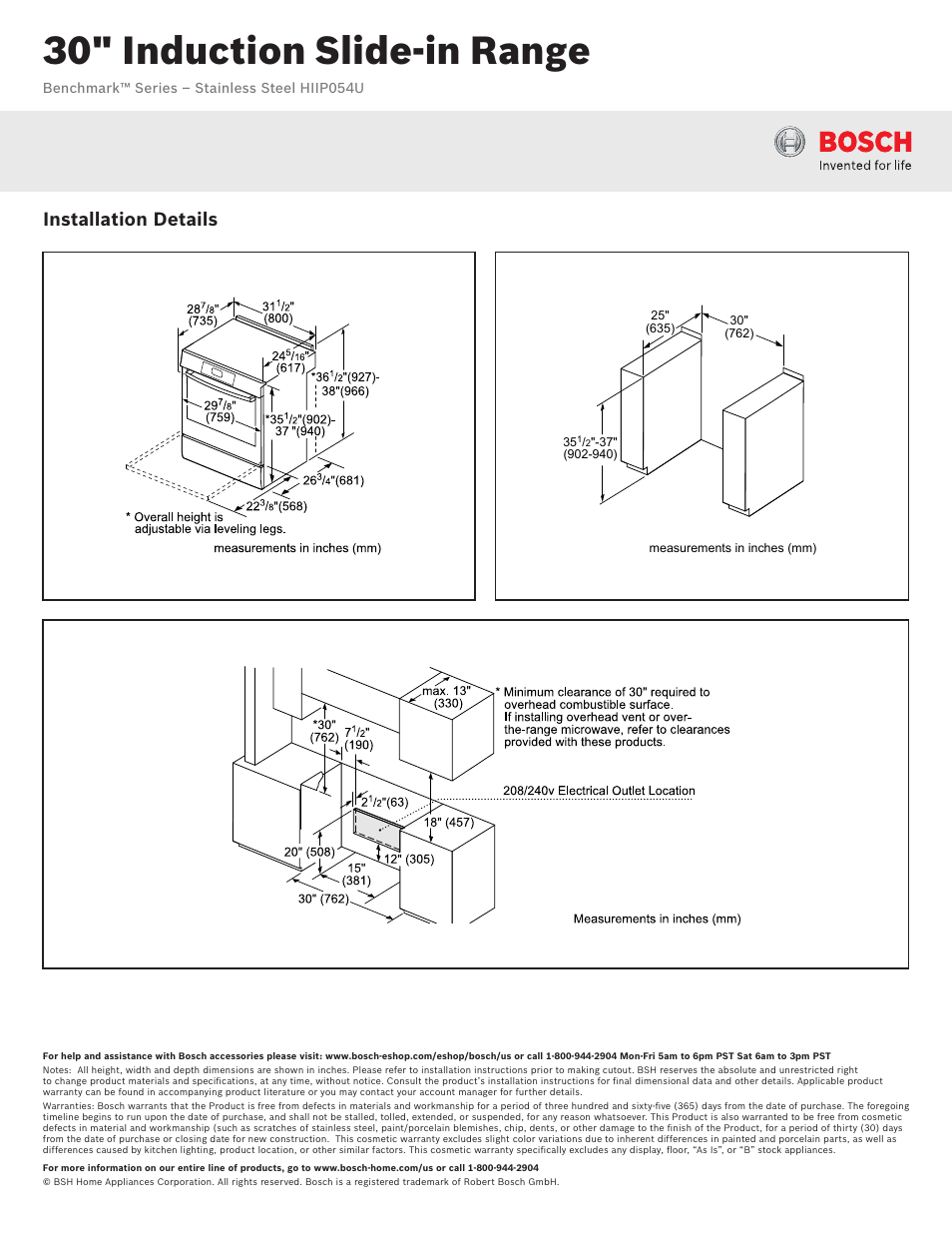 30" induction slide-in range, Installation details | Bosch HIIP054U User Manual | Page 2 / 2