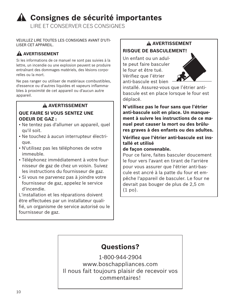 Consignes de sécurité importantes, Questions | Bosch HGS7282UC User Manual | Page 10 / 28