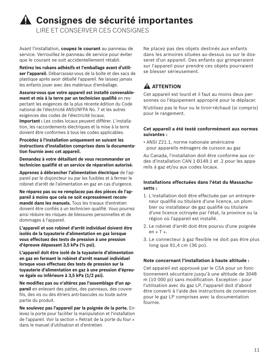 Consignes de sécurité importantes, Lire et conserver ces consignes | Bosch HGS7282UC User Manual | Page 11 / 28