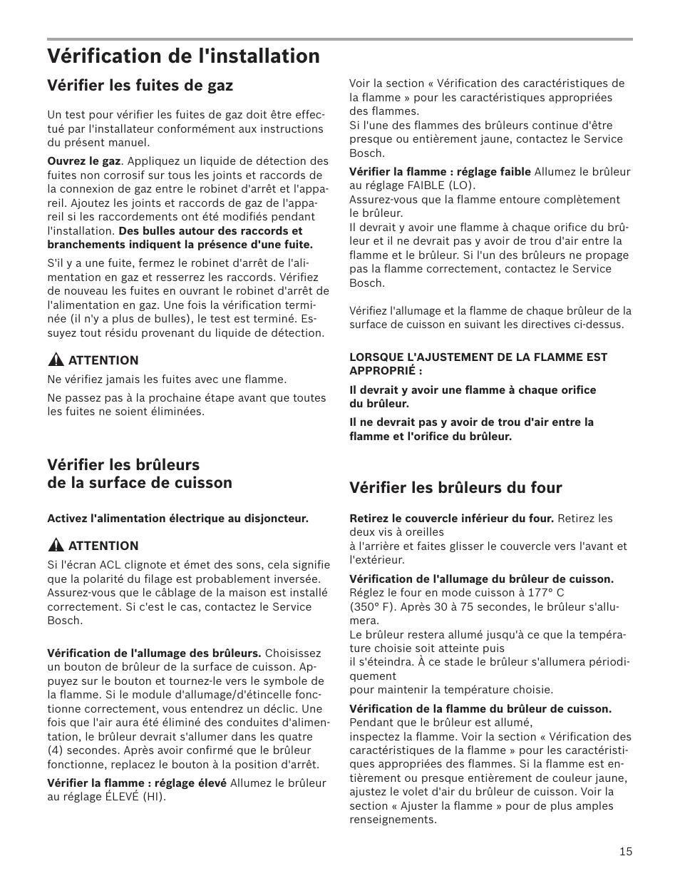 Vérification de l'installation, Vérifier les fuites de gaz, Vérifier les brûleurs de la surface de cuisson | Vérifier les brûleurs du four | Bosch HGS7282UC User Manual | Page 15 / 28