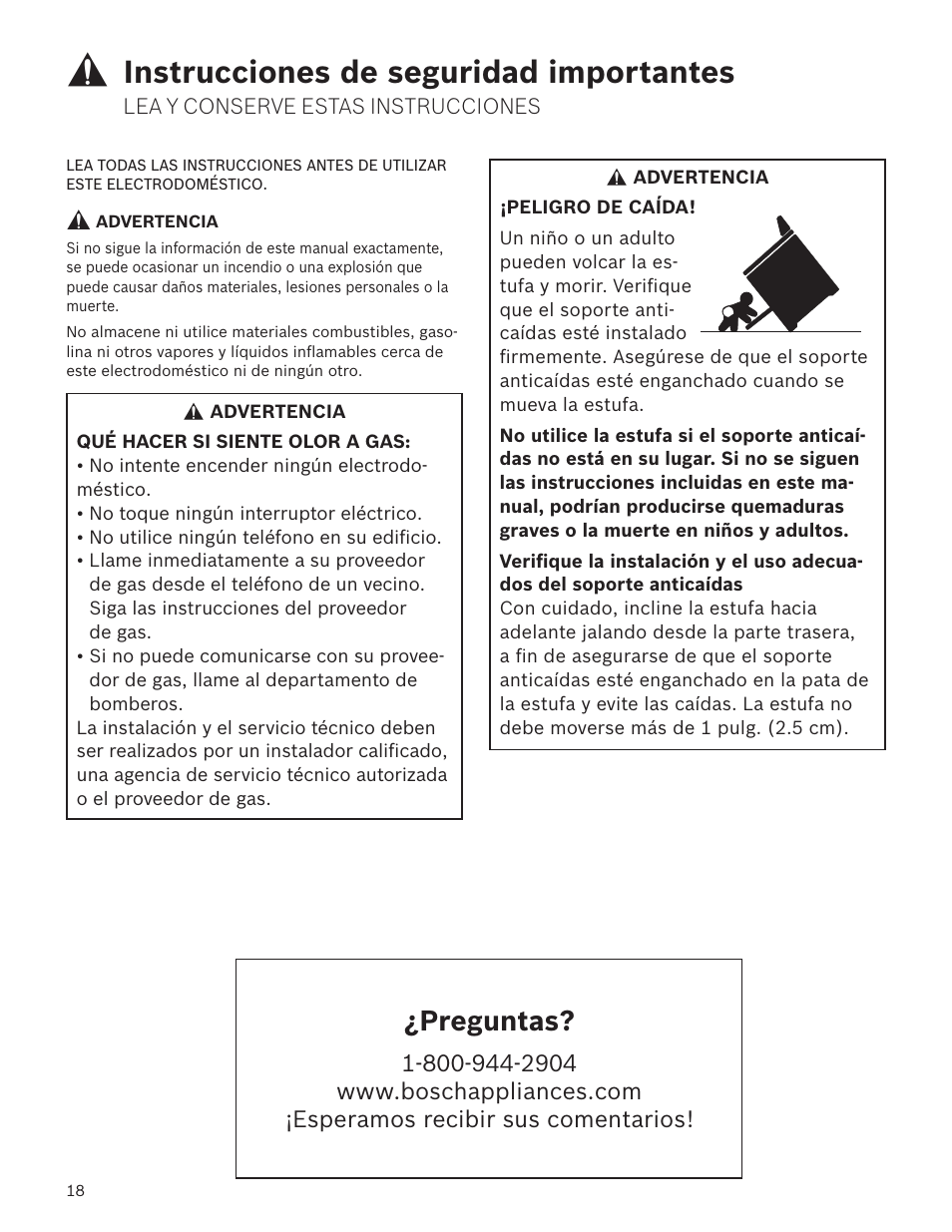 Instrucciones de seguridad importantes, Preguntas | Bosch HGS7282UC User Manual | Page 18 / 28