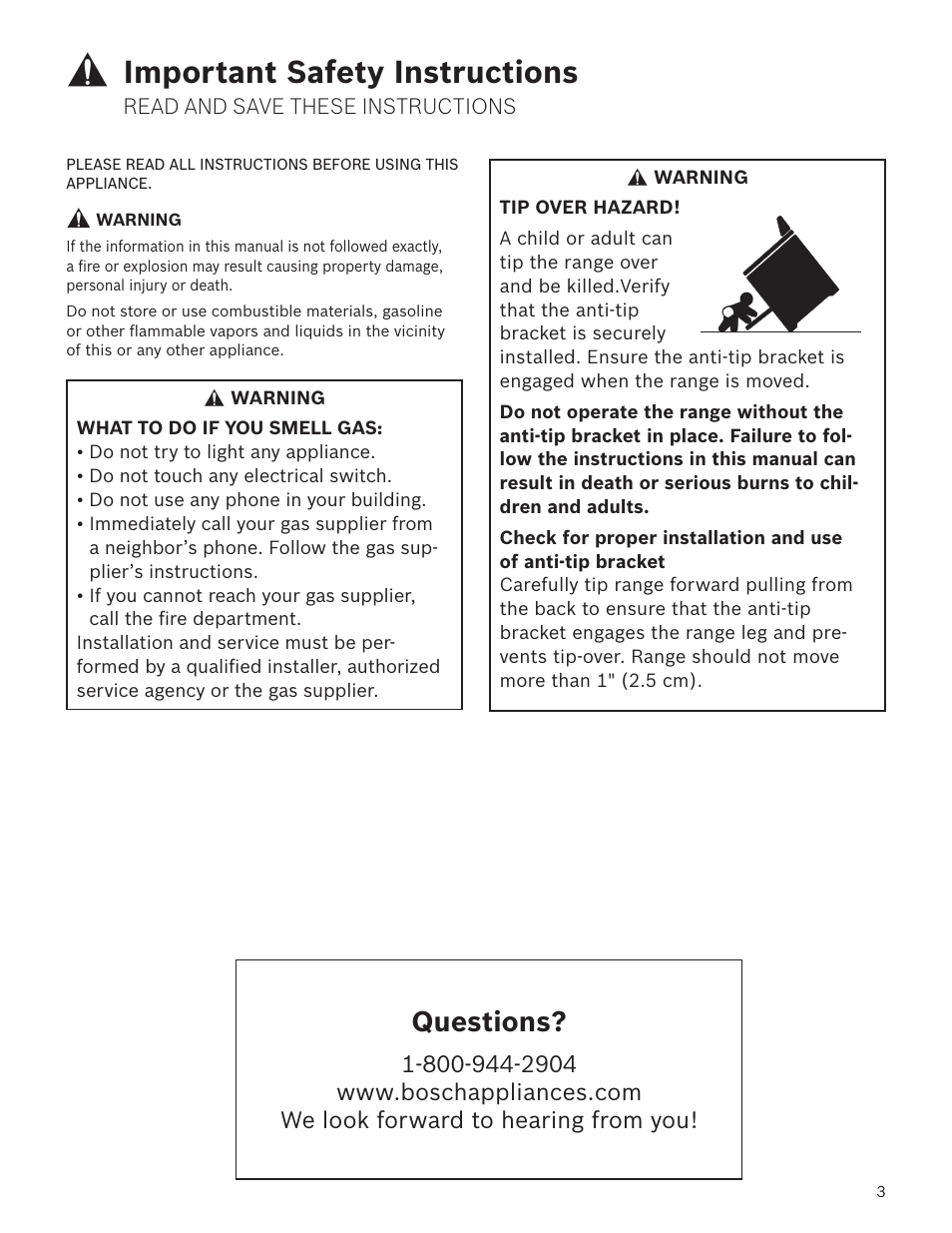 Important safety instructions, Questions | Bosch HGS7282UC User Manual | Page 3 / 28