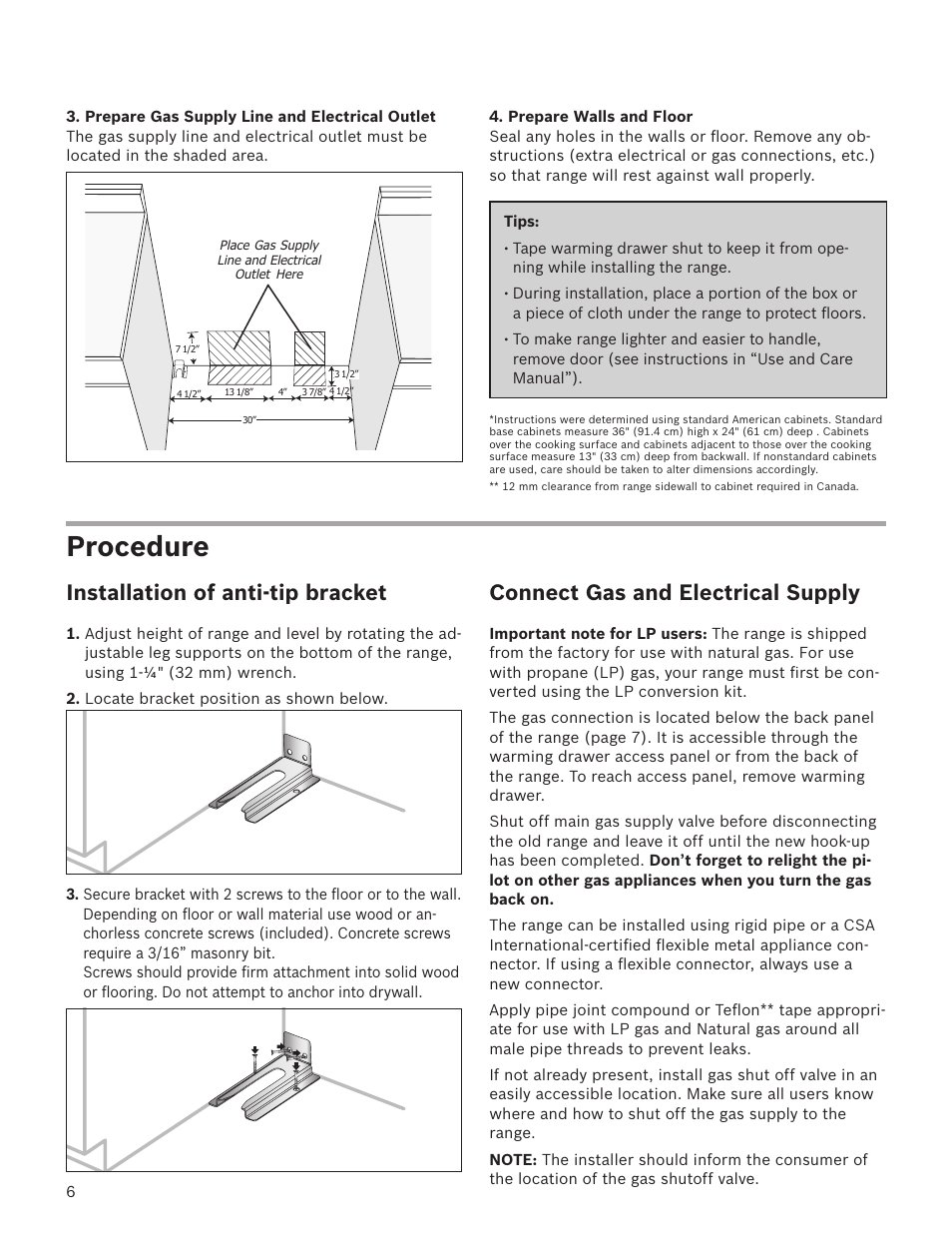 Procedure, Connect gas and electrical supply, Installation of anti-tip bracket | Bosch HGS7282UC User Manual | Page 6 / 28