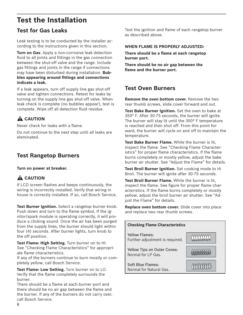 Test the installation, Test for gas leaks, Test rangetop burners | Test oven burners | Bosch HGS7282UC User Manual | Page 8 / 28