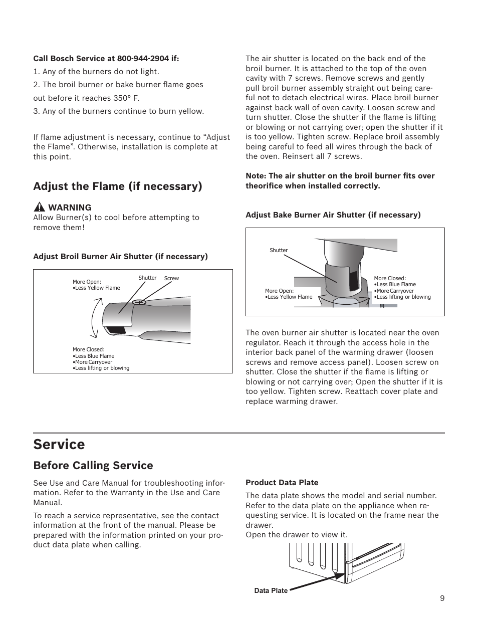 Service, Adjust the flame (if necessary), Before calling service | Bosch HGS7282UC User Manual | Page 9 / 28