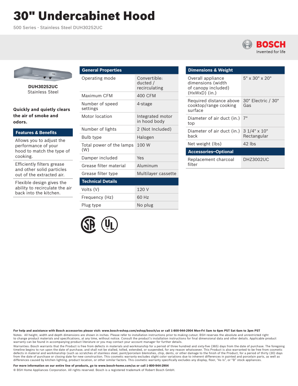 Bosch DUH30252UC User Manual | 2 pages