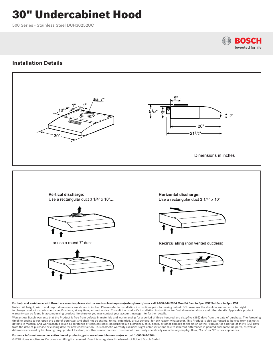 30" undercabinet hood, Installation details | Bosch DUH30252UC User Manual | Page 2 / 2