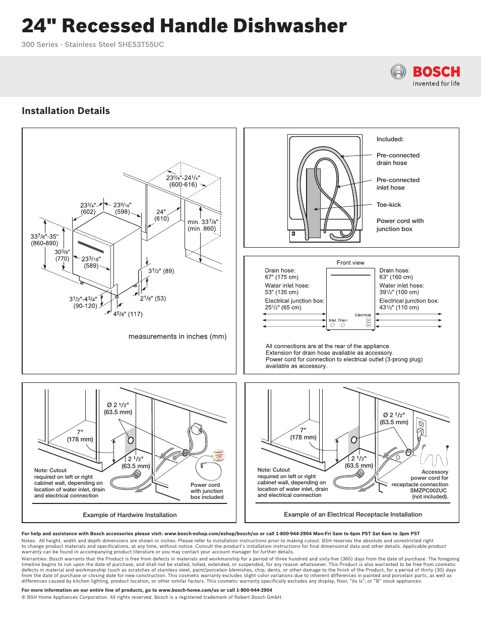 24" recessed handle dishwasher, Installation details | Bosch SHE53T55UC User Manual | Page 2 / 3