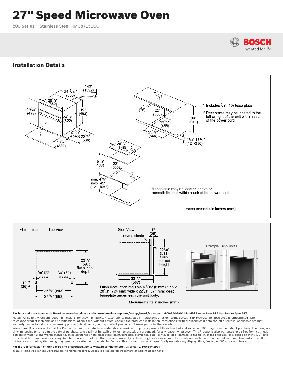 27" speed microwave oven, Installation details | Bosch HMC87151UC User Manual | Page 2 / 3