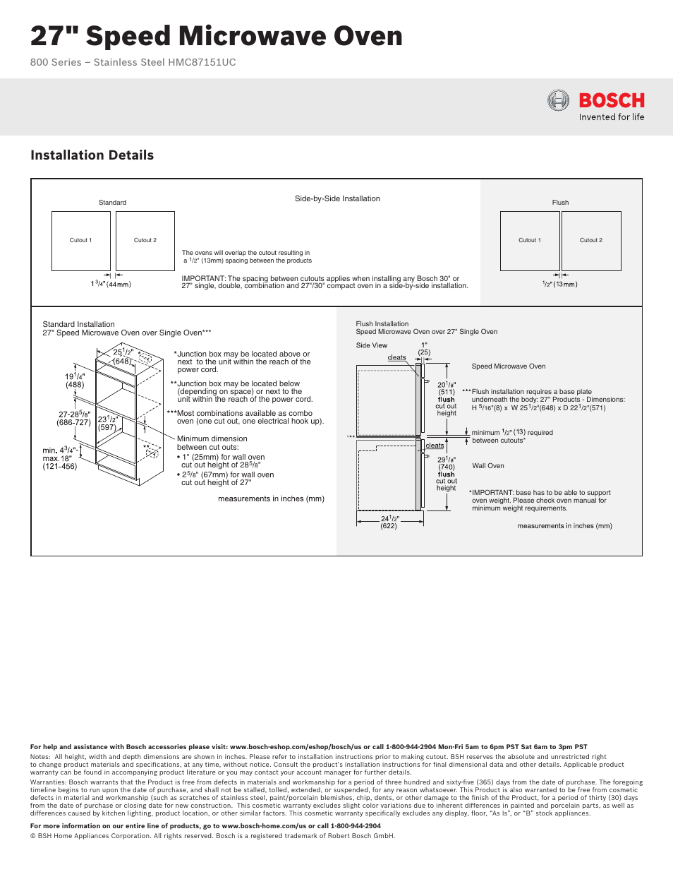 27" speed microwave oven, Installation details | Bosch HMC87151UC User Manual | Page 3 / 3