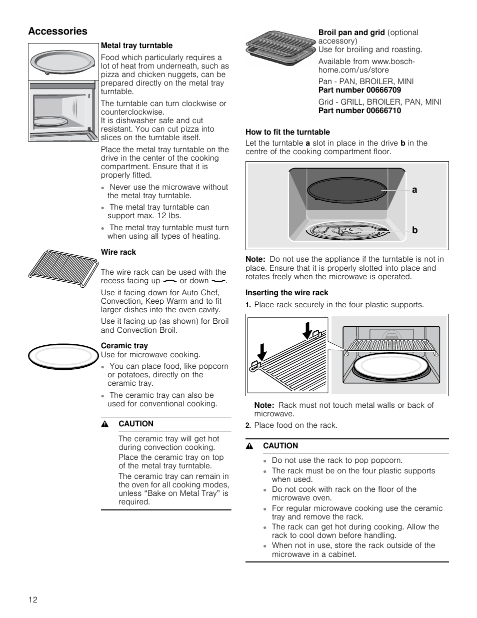 Accessories, 9 caution, How to fit the turntable | Note, Inserting the wire rack, Place rack securely in the four plastic supports, Place food on the rack | Bosch HMC80251UC User Manual | Page 12 / 100