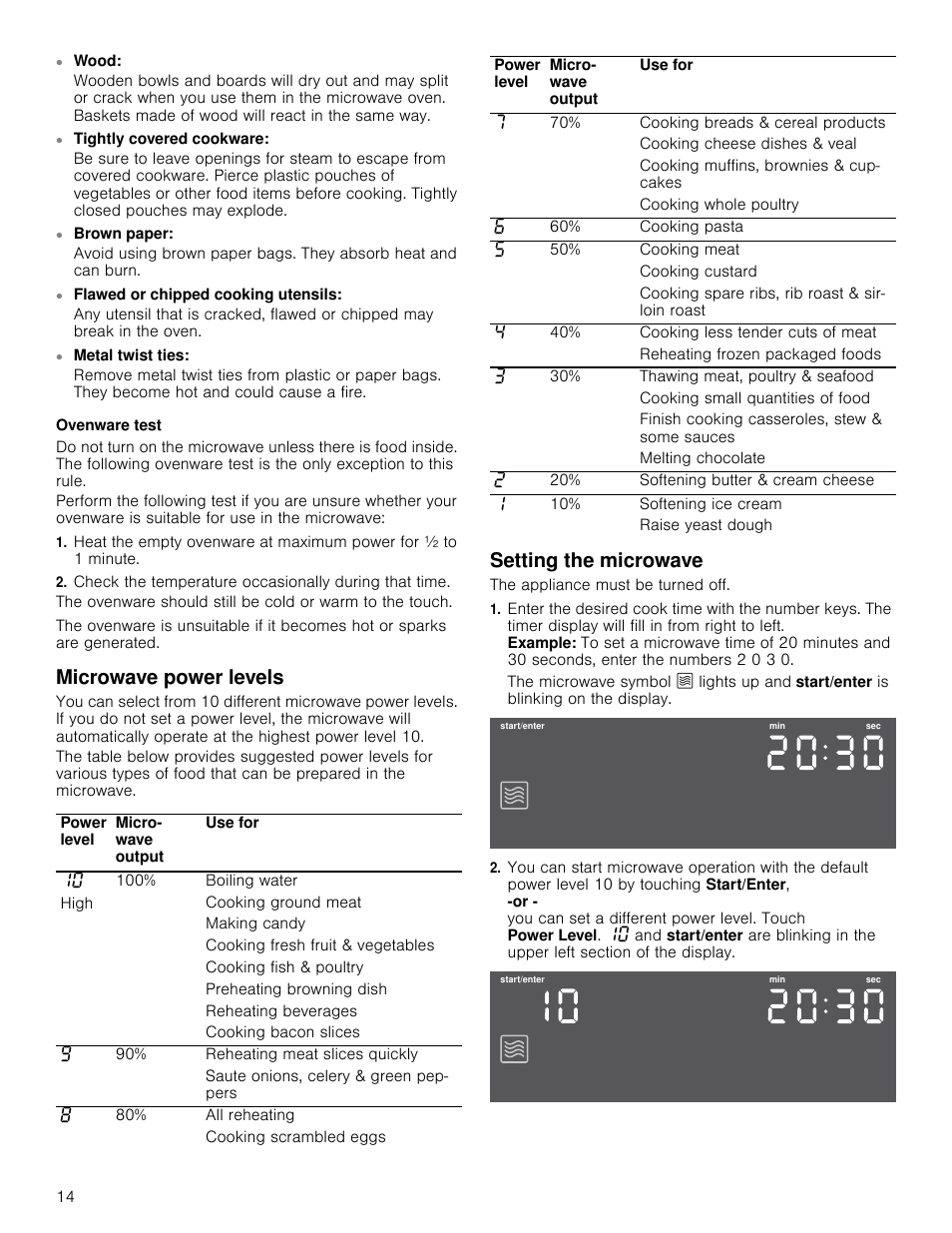 Ovenware test, Microwave power levels, Setting the microwave | The appliance must be turned off, Microwave power levels setting the microwave | Bosch HMC80251UC User Manual | Page 14 / 100