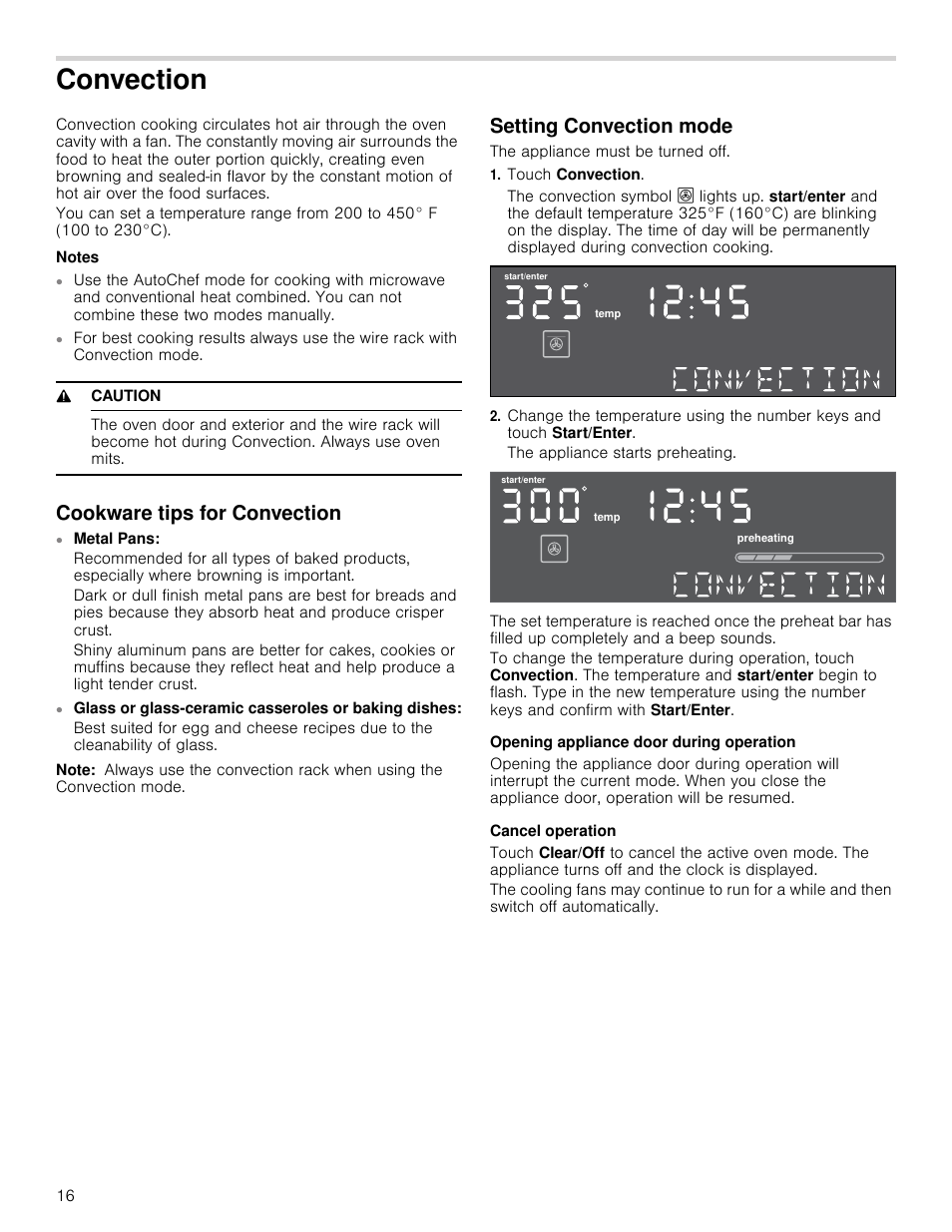 Convection, Notes, 9 caution | Cookware tips for convection, Note, Setting convection mode, The appliance must be turned off, Touch convection, Opening appliance door during operation, Cancel operation | Bosch HMC80251UC User Manual | Page 16 / 100