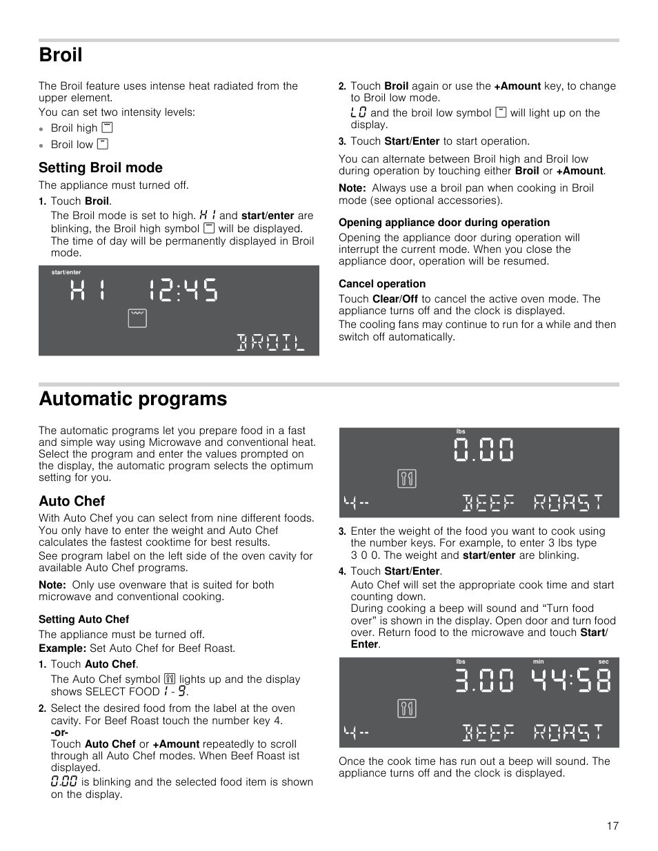 Broil, You can set two intensity levels, Setting broil mode | The appliance must turned off, Touch broil, Touch start/enter to start operation, Note, Opening appliance door during operation, Cancel operation, Automatic programs | Bosch HMC80251UC User Manual | Page 17 / 100