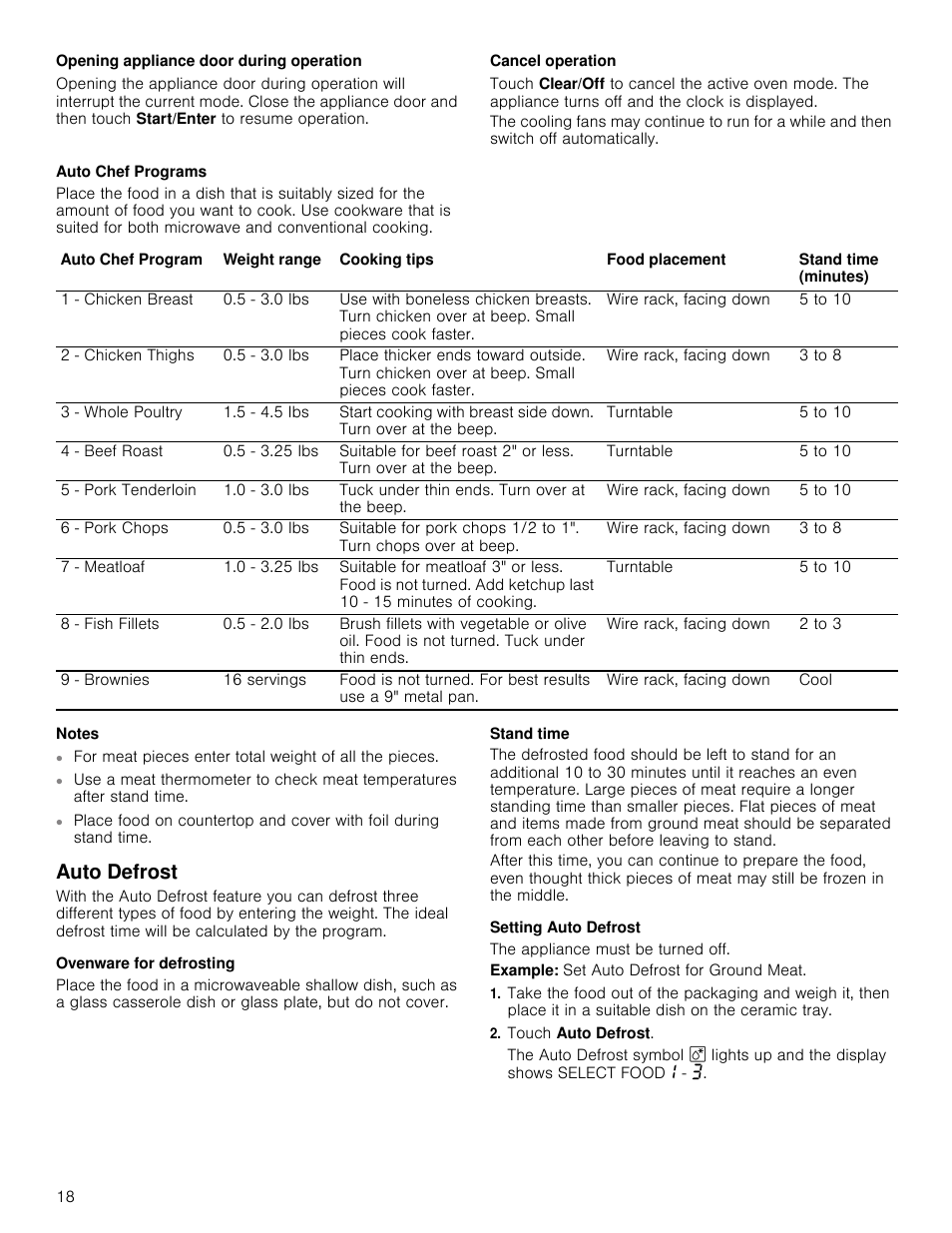 Opening appliance door during operation, Cancel operation, Auto chef programs | Notes, Auto defrost, Ovenware for defrosting, Stand time, Setting auto defrost, The appliance must be turned off, Example: set auto defrost for ground meat | Bosch HMC80251UC User Manual | Page 18 / 100