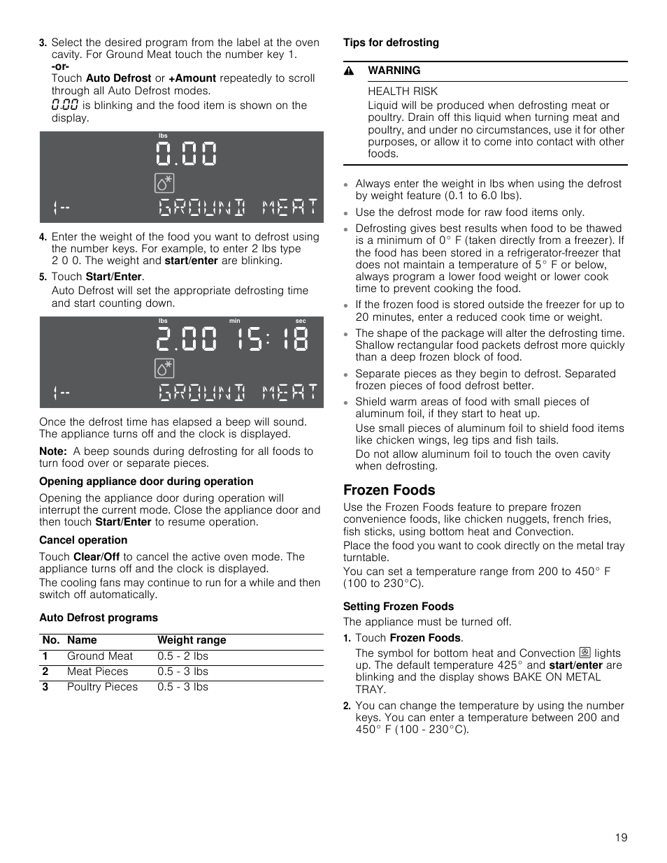 Touch start/enter, Note, Opening appliance door during operation | Cancel operation, Auto defrost programs, Tips for defrosting, 9 warning, Health risk, Use the defrost mode for raw food items only, Frozen foods | Bosch HMC80251UC User Manual | Page 19 / 100