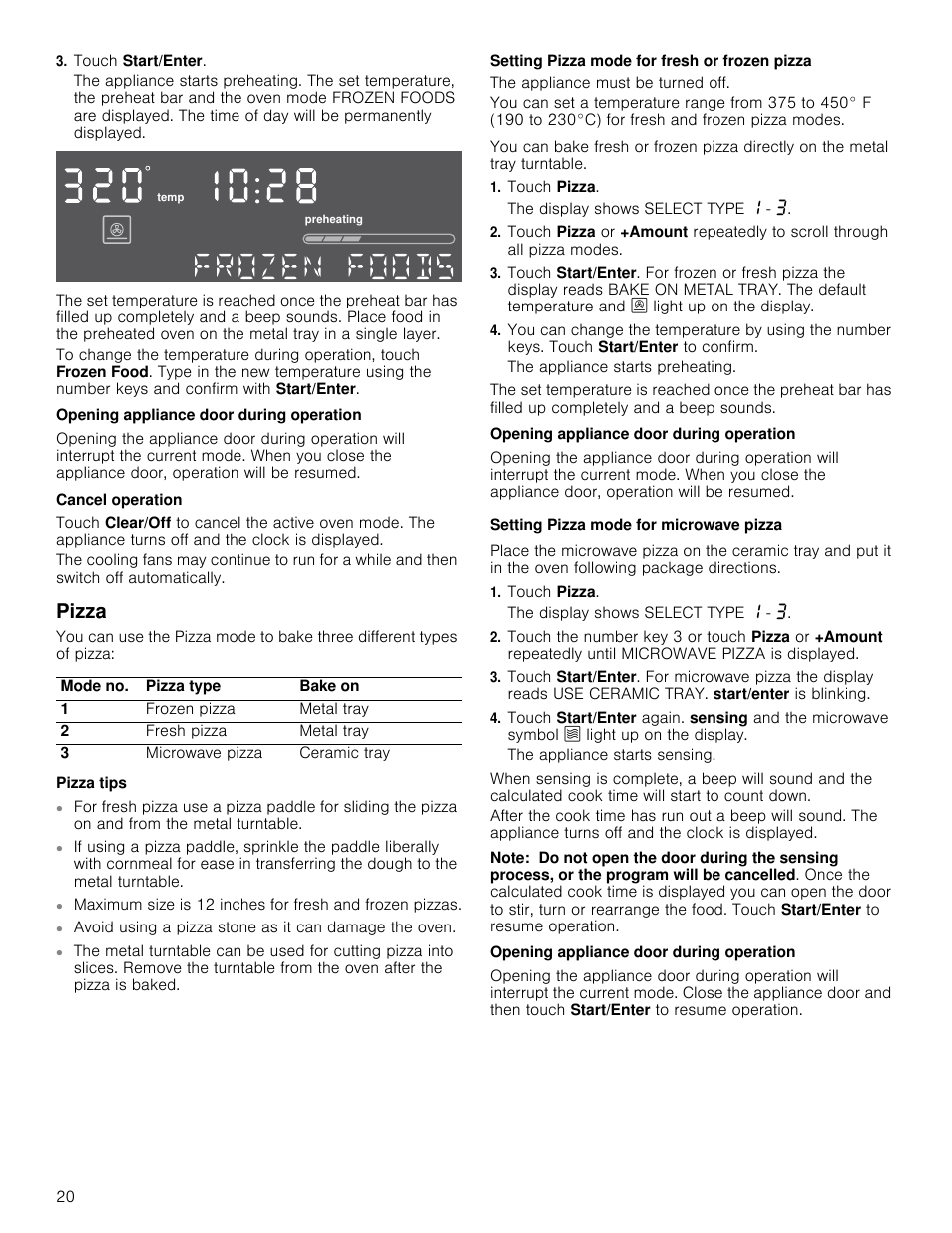 Touch start/enter, Opening appliance door during operation, Cancel operation | Pizza, Pizza tips, Setting pizza mode for fresh or frozen pizza, The appliance must be turned off, Touch pizza, Setting pizza mode for microwave pizza, Note | Bosch HMC80251UC User Manual | Page 20 / 100