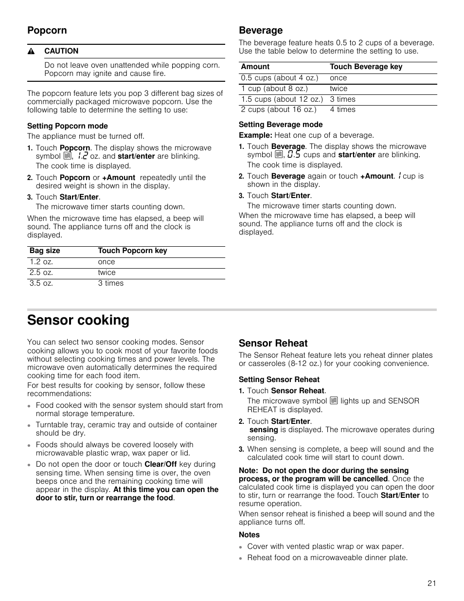 Popcorn, 9 caution, Setting popcorn mode | The appliance must be turned off, Touch start/enter, Beverage, Setting beverage mode, Example: heat one cup of a beverage, Sensor cooking, Sensor reheat | Bosch HMC80251UC User Manual | Page 21 / 100