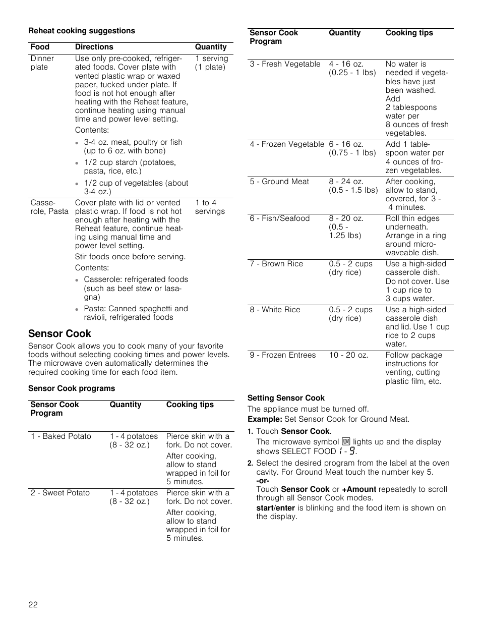 Reheat cooking suggestions, Sensor cook, Sensor cook programs | Setting sensor cook, The appliance must be turned off, Example: set sensor cook for ground meat, Touch sensor cook | Bosch HMC80251UC User Manual | Page 22 / 100