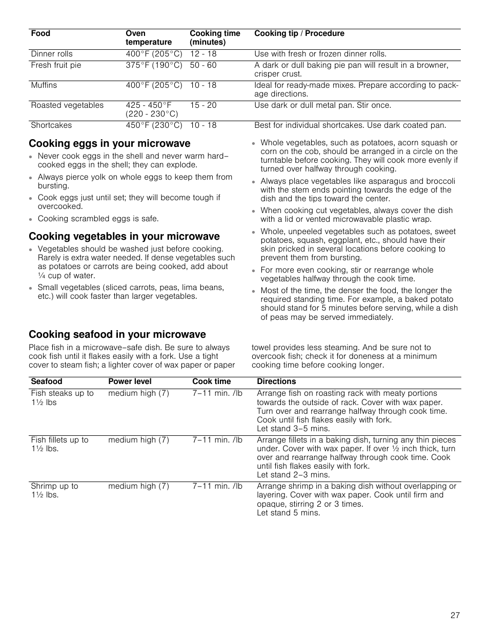 Cooking eggs in your microwave, Cooking vegetables in your microwave, Cooking seafood in your microwave | Bosch HMC80251UC User Manual | Page 27 / 100