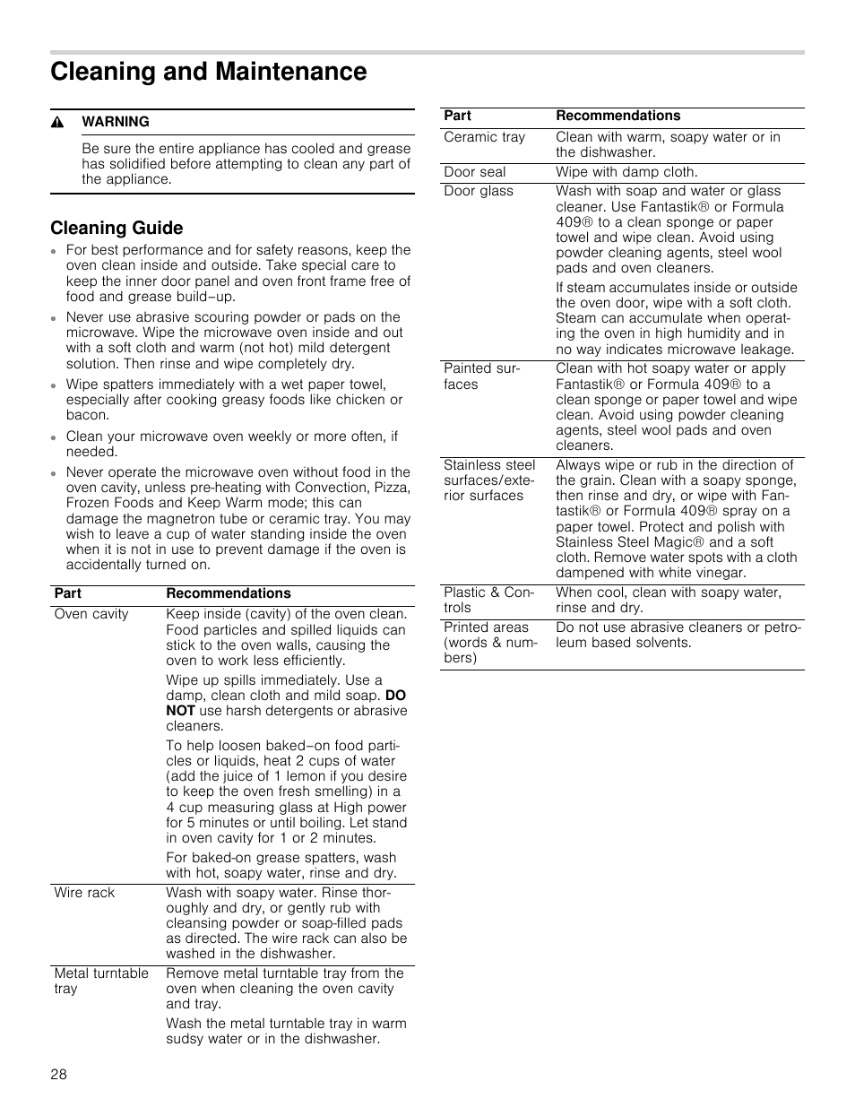 Cleaning and maintenance, 9 warning, Cleaning guide | Cleaning and maintenance cleaning guide | Bosch HMC80251UC User Manual | Page 28 / 100