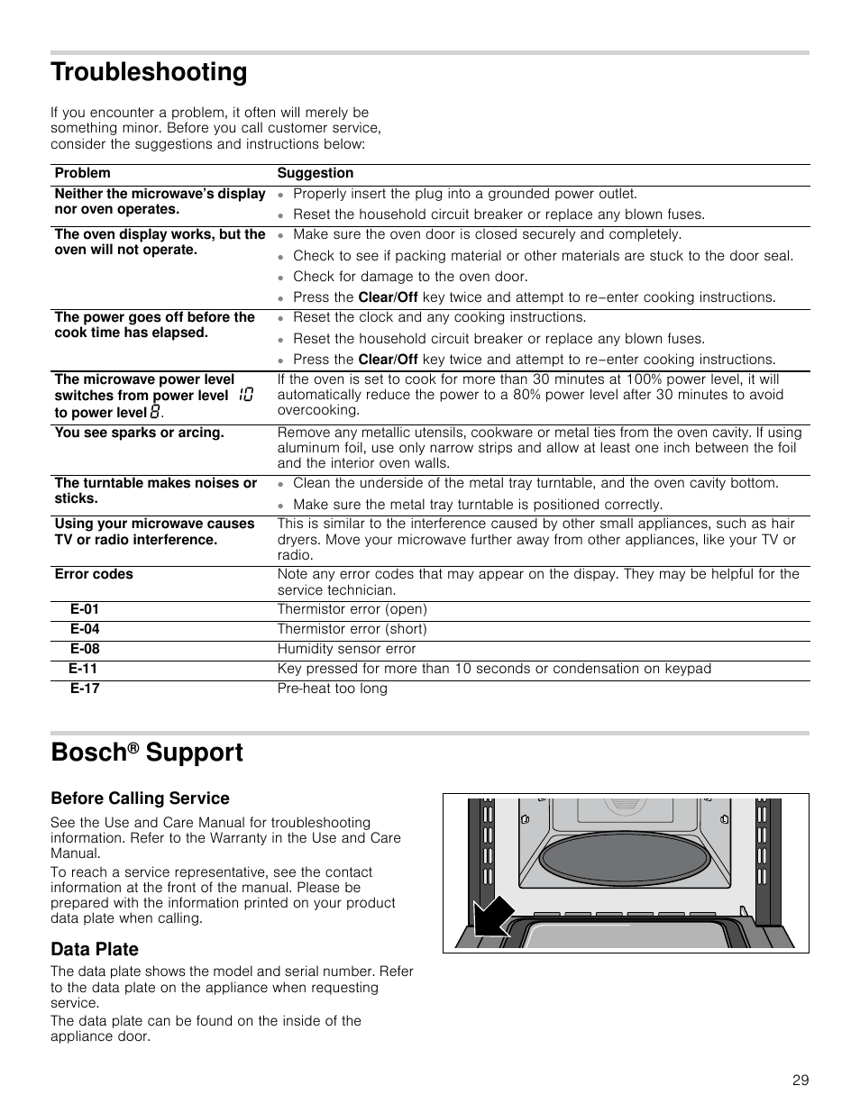 Troubleshooting, Bosch® support, Before calling service | Data plate, Ting, Before calling service data plate, Bosch, Support | Bosch HMC80251UC User Manual | Page 29 / 100