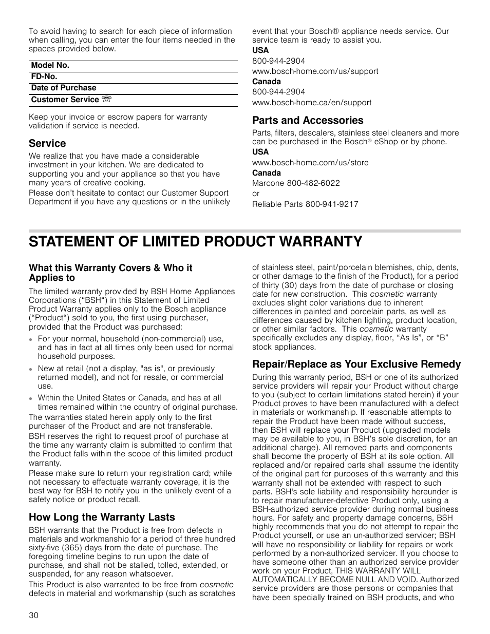 Service, Www.bosch-home.com/us/support, Canada | Www.bosch-home.ca/en/support, Parts and accessories, Www.bosch-home.com/us/store, Marcone 800-482-6022, Statement of limited product warranty, What this warranty covers & who it applies to, How long the warranty lasts | Bosch HMC80251UC User Manual | Page 30 / 100