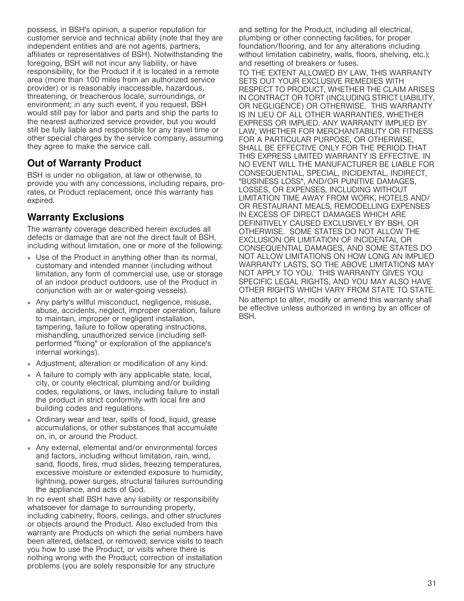 Out of warranty product, Warranty exclusions, Adjustment, alteration or modification of any kind | Out of warranty product warranty exclusions | Bosch HMC80251UC User Manual | Page 31 / 100