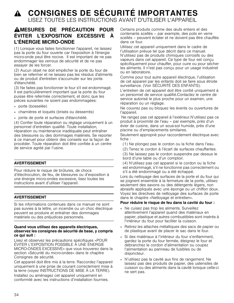 Consignes de sécurité importantes, Charnières et loquets (brisés ou desserrés), Avertissement | 1) ne plongez pas le cordon ou la fiche dans l’eau, Antes, Micro-onde, Porte (bosselée) | Bosch HMC80251UC User Manual | Page 34 / 100