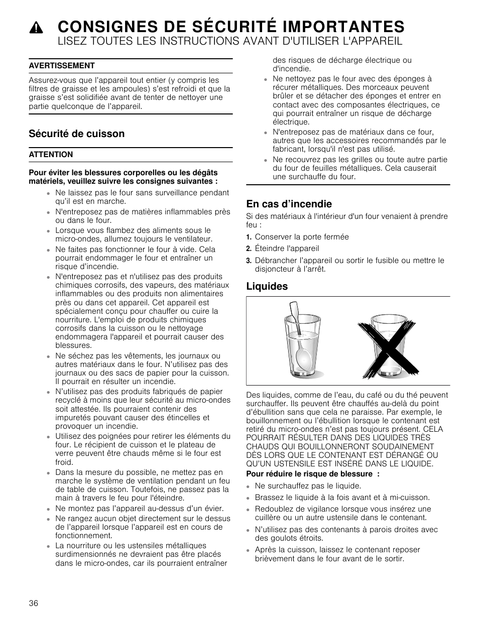 Avertissement, Sécurité de cuisson, Attention | En cas d’incendie, Conserver la porte fermée, Éteindre l'appareil, Liquides, Pour réduire le risque de blessure, Brassez le liquide à la fois avant et à mi-cuisson, Sécurité de cuisson en cas d’incendie liquides | Bosch HMC80251UC User Manual | Page 36 / 100