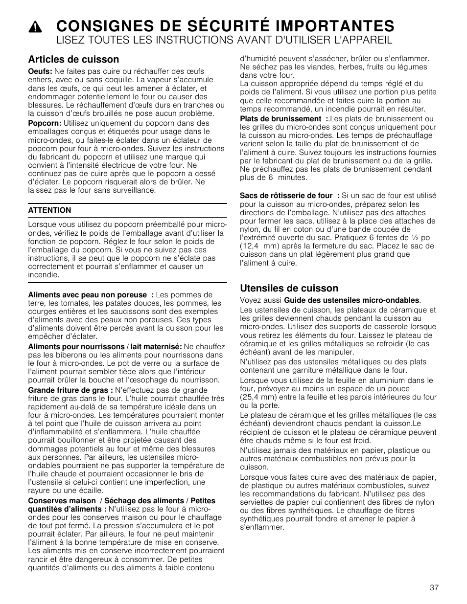 Articles de cuisson, Attention, Utensiles de cuisson | Voyez aussi guide des ustensiles micro-ondables, Articles de cuisson utensiles de cuisson, Consignes de sécurité importantes | Bosch HMC80251UC User Manual | Page 37 / 100