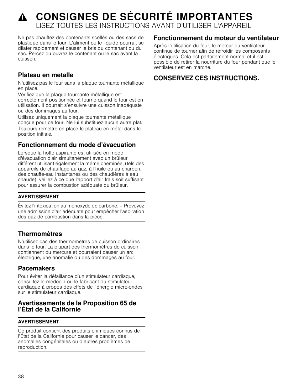 Plateau en metalle, Fonctionnement du mode d’évacuation, Avertissement | Thermomètres, Pacemakers, Fonctionnement du moteur du ventilateur, Conservez ces instructions, Consignes de sécurité importantes | Bosch HMC80251UC User Manual | Page 38 / 100